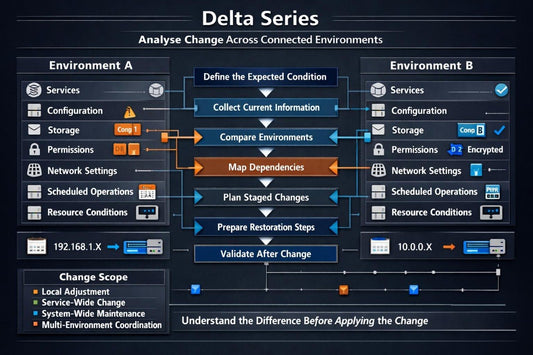 A dark navy digital infographic titled 'Delta Series' explaining how to analyze changes across connected environments, with 'Environment A' and 'Environment B' side-by-side flowcharts and icons.
