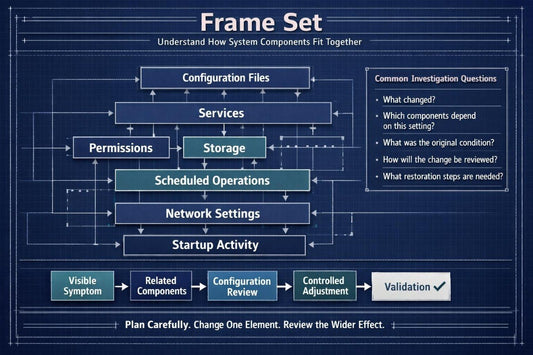 A dark blue technical diagram titled 'Frame Set' showing layered system components such as Configuration Files, Services, Permissions, Storage, Scheduled Operations, Network Settings, Startup Activity, and a validation flow. Text on the right lists common investigation questions, and the bottom reads 'Plan Carefully.