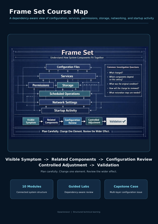 A dark navy digital course map titled 'Frame Set Course Map' with a central flowchart labeled 'Frame Set' and supporting text about configuration files, services, storage, scheduled operations, network settings, startup activity, and validation. Three blue callout boxes at the bottom mention 10 modules, guided labs, and a capstone case.