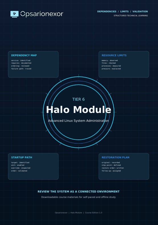 A dark blue technical cover or informational graphic for the Opsarionexor Halo Module, Tier 6 Advanced Linux System Administration. The design features a central circular target graphic with the title 'Halo Module' in white, surrounded by five labeled informational panels: Dependency Map, Resource Limits, Startup Path, Restoration Plan, and Resource Limits.