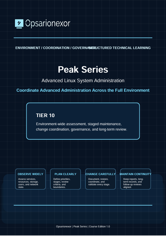 A dark blue technical training cover page for Opsarionexor Peak Series Advanced Linux System Administration, showing text about Tier 10 and five key principles in outlined boxes.