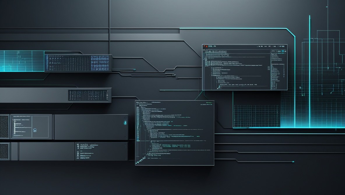 A dark, futuristic digital interface with multiple black panels, glowing cyan lines, and code-like text on a dark gray background.