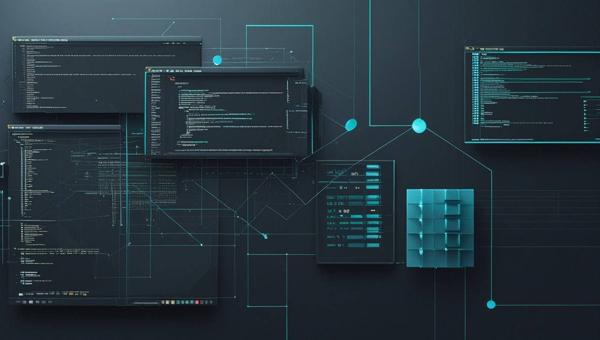 Digital interface mockup with multiple dark code screens, glowing cyan lines, and a small 3D server-like block on a dark background.