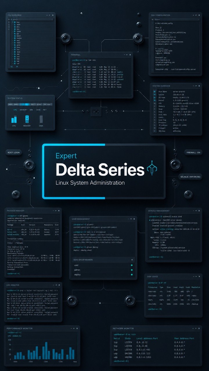 A digital graphic featuring a dark-themed layout with multiple terminal windows, charts, and logs arranged around a central title card that reads 'Expert Delta Series Linux System Administration'.