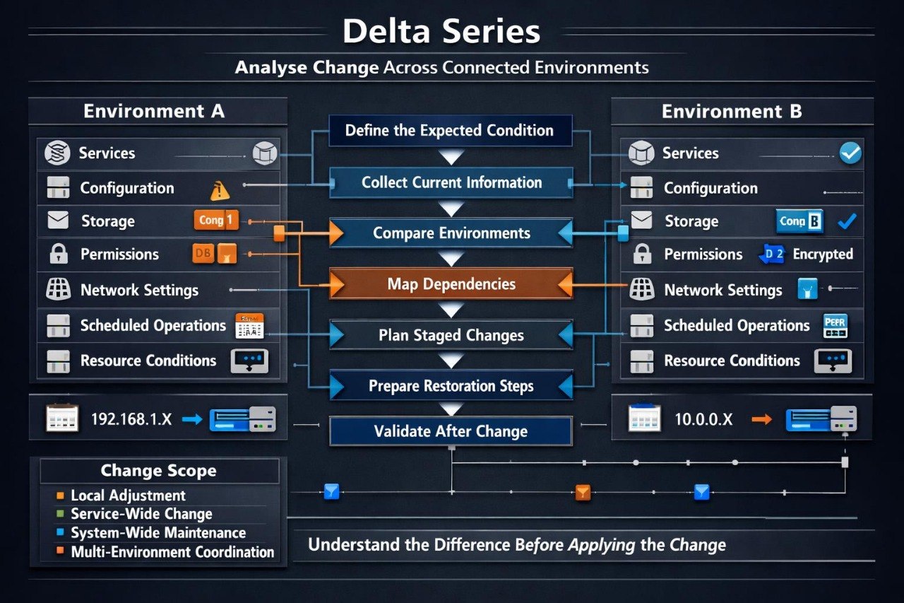A dark navy digital infographic titled 'Delta Series' explaining how to analyze changes across connected environments, with 'Environment A' and 'Environment B' side-by-side flowcharts and icons.