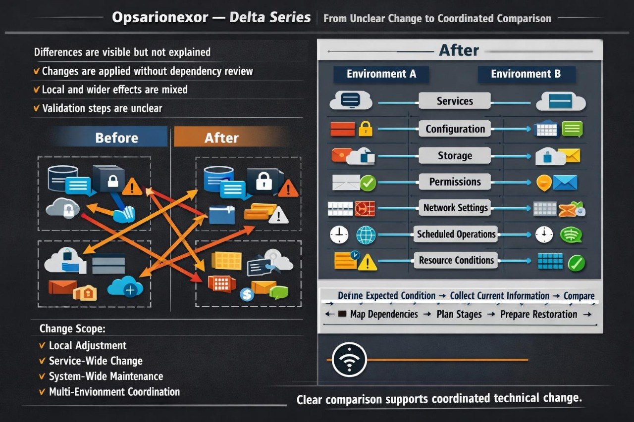 An infographic titled 'Opsarionexor - Delta Series' explaining a change management process, comparing 'Before' and 'After' states with icons and diagrams on a dark background.