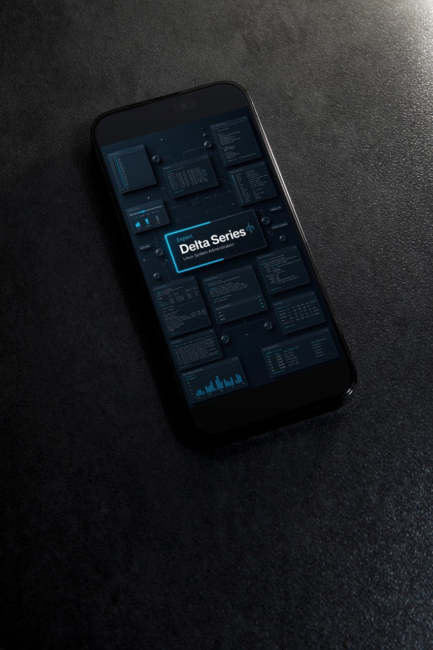 A black smartphone lying diagonally on a dark textured surface, displaying a dark blue and black dashboard-style interface with the text 'Delta Series' highlighted in the center.