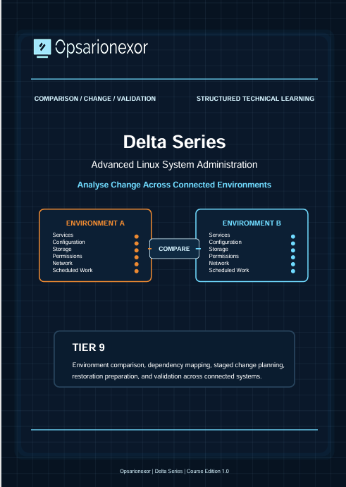A dark blue technical training cover page for Opsarionexor Delta Series Advanced Linux System Administration, featuring comparison boxes for Environment A and Environment B and course text on a grid-style background.