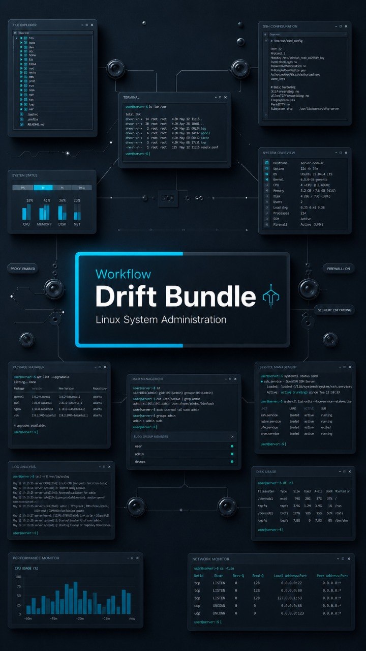 A digital preview graphic for a 'Workflow Bundle' of Linux system administration templates, featuring dark terminal windows, charts, and logs arranged on a dark background with a central title card.
