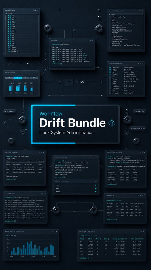 A digital preview graphic for a 'Workflow Bundle' of Linux system administration templates, featuring dark terminal windows, charts, and logs arranged on a dark background with a central title card.