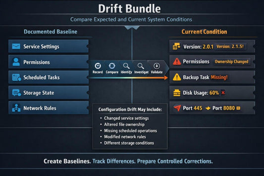 A software interface screenshot titled 'Drift Bundle' comparing a documented baseline with current system conditions, with blue panels, orange warning icons, and text such as 'Permissions Ownership Changed' and 'Backup Task Missing'.