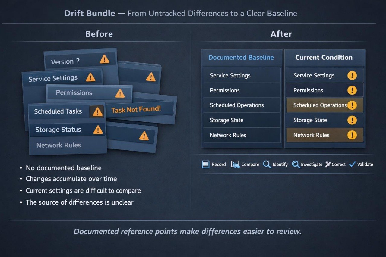 A software interface screenshot titled 'Drift Bundle — From Untracked Differences to a Clear Baseline' showing a 'Before' and 'After' comparison of settings panels on a dark blue background.