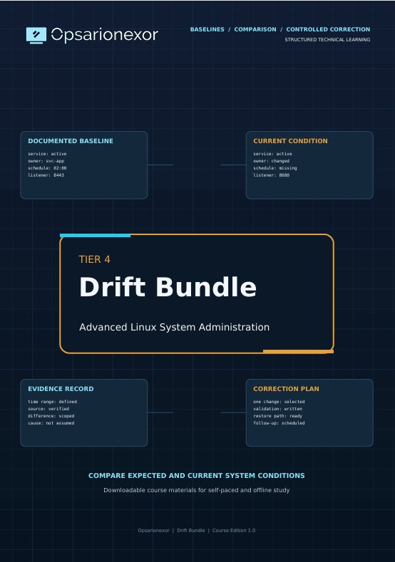 A digital cover graphic for 'Drift Bundle - Advanced Linux System Administration' by Opsarionexor, featuring a dark navy blue grid background with various informational boxes outlining course modules.