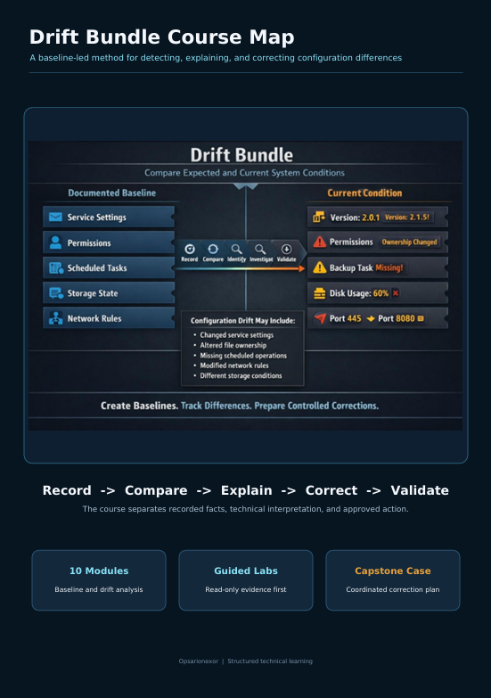 A digital course map infographic titled 'Drift Bundle Course Map' with a dark navy and blue layout. It features a central diagram labeled 'Drift Bundle' showing comparison fields, a 'Current Condition' panel, and a process flow from 'Record -> Compare -> Explain -> Correct -> Validate'.