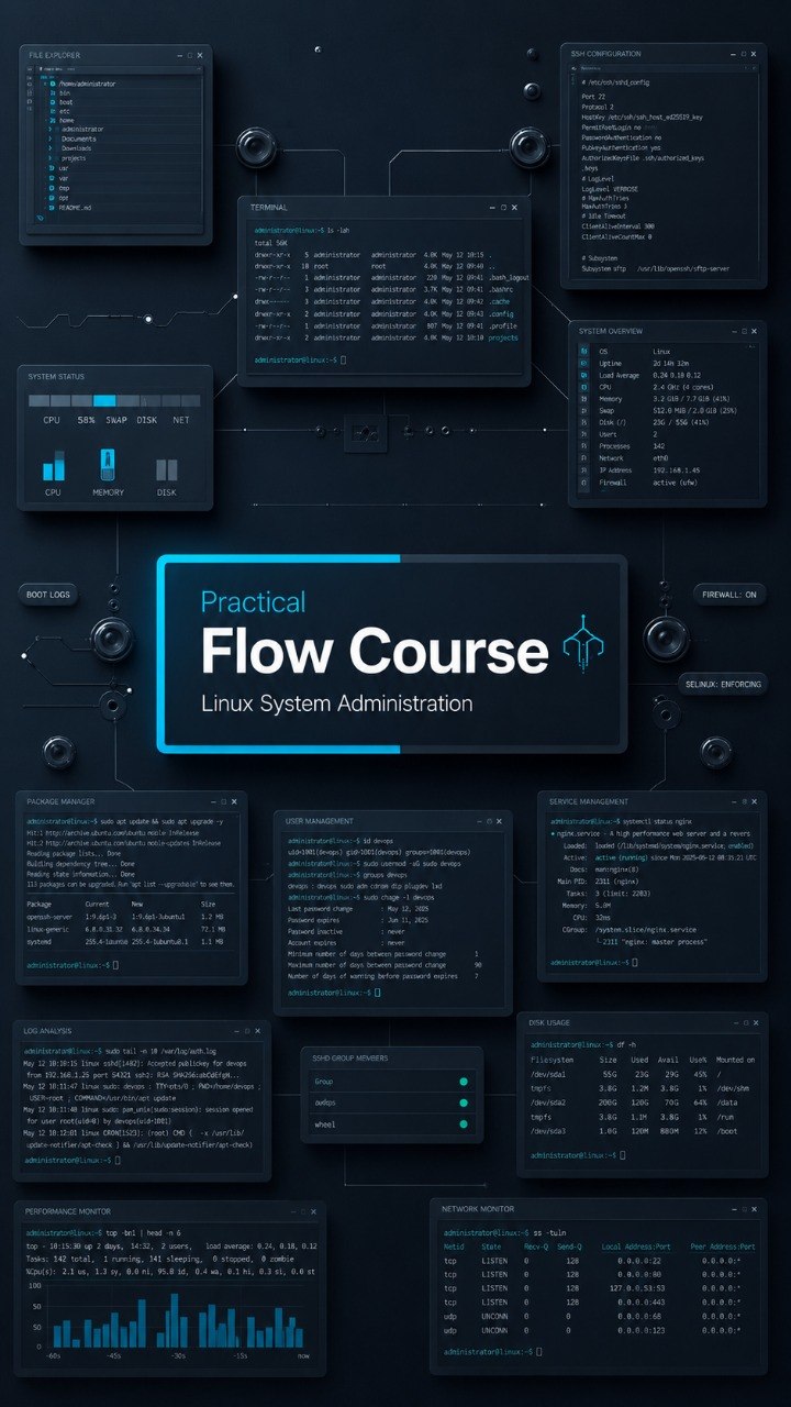 Digital cover graphic for a Linux System Administration course titled 'Practical Flow Course'. The design features a dark, futuristic cyberpunk aesthetic with multiple dark blue terminal windows, code snippets, and dashboard charts arranged on a dark background.