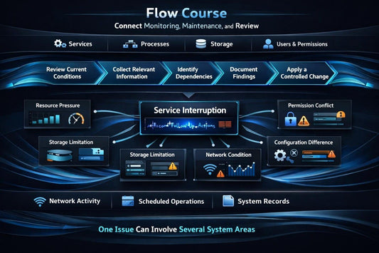 A digital flow chart diagram titled 'Flow Course' showing a service interruption process with connected system areas like services, processes, storage, users & permissions, resource pressure, network activity, and configuration difference on a dark blue background.