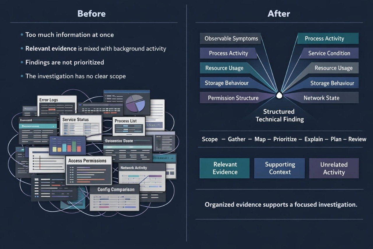 A dark navy infographic comparing a 'Before' state of messy, cluttered digital evidence screenshots with an 'After' state of organized, structured technical finding reports, presented in a clean, side-by-side layout.