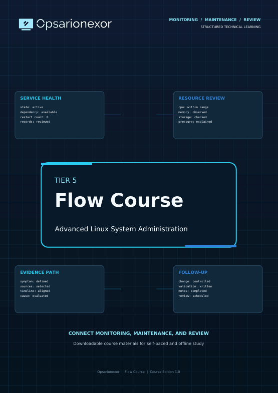 A digital cover graphic for the Opsarionexor Flow Course, Tier 5 Advanced Linux System Administration. The design features a dark navy blue background with a subtle grid pattern, containing five light blue rectangular boxes with white text detailing course modules like Service Health, Resource Review, Evidence Path, Follow Up, and the central title 'Flow Course'.