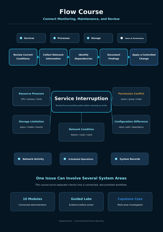 A dark navy digital infographic titled 'Flow Course' showing a service interruption process with connected boxes and labels such as Services, Processes, Storage, Review Current Conditions, Collect Relevant Information, Identify Dependencies, Document Findings, Apply a Closed-Loop Change, Resource Pressure, Permission Conflict, Storage Limitation, Network Condition, and One Issue Can Involve Several System Areas.