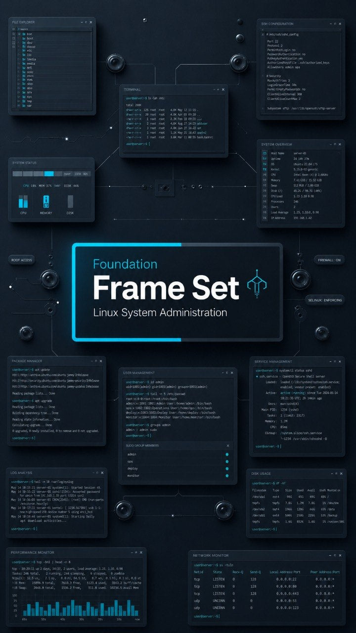 A digital cover graphic for a Linux system administration course or resource pack titled 'Foundation Frame Set'. The design features a dark, futuristic tech theme with multiple floating dark panels displaying code snippets, terminal outputs, and data charts, all connected by subtle lines on a dark background.