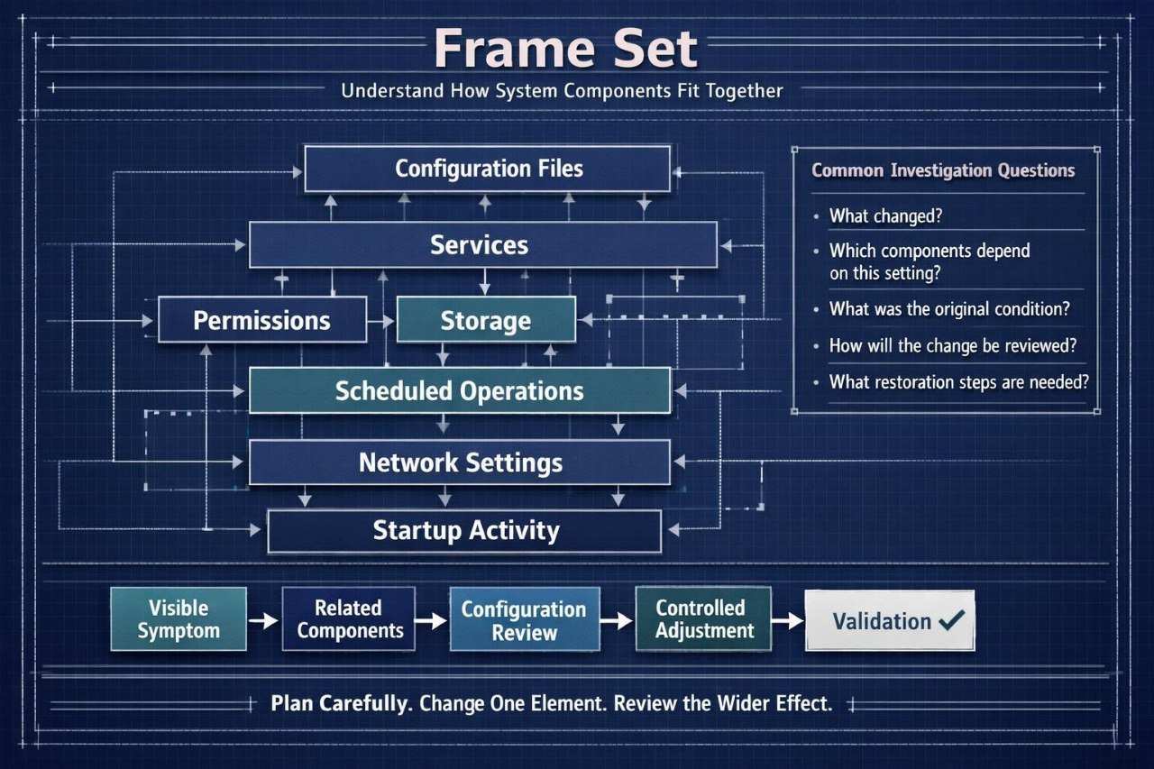A dark blue technical diagram titled 'Frame Set' showing layered system components such as Configuration Files, Services, Permissions, Storage, Scheduled Operations, Network Settings, Startup Activity, and a validation flow. Text on the right lists common investigation questions, and the bottom reads 'Plan Carefully.