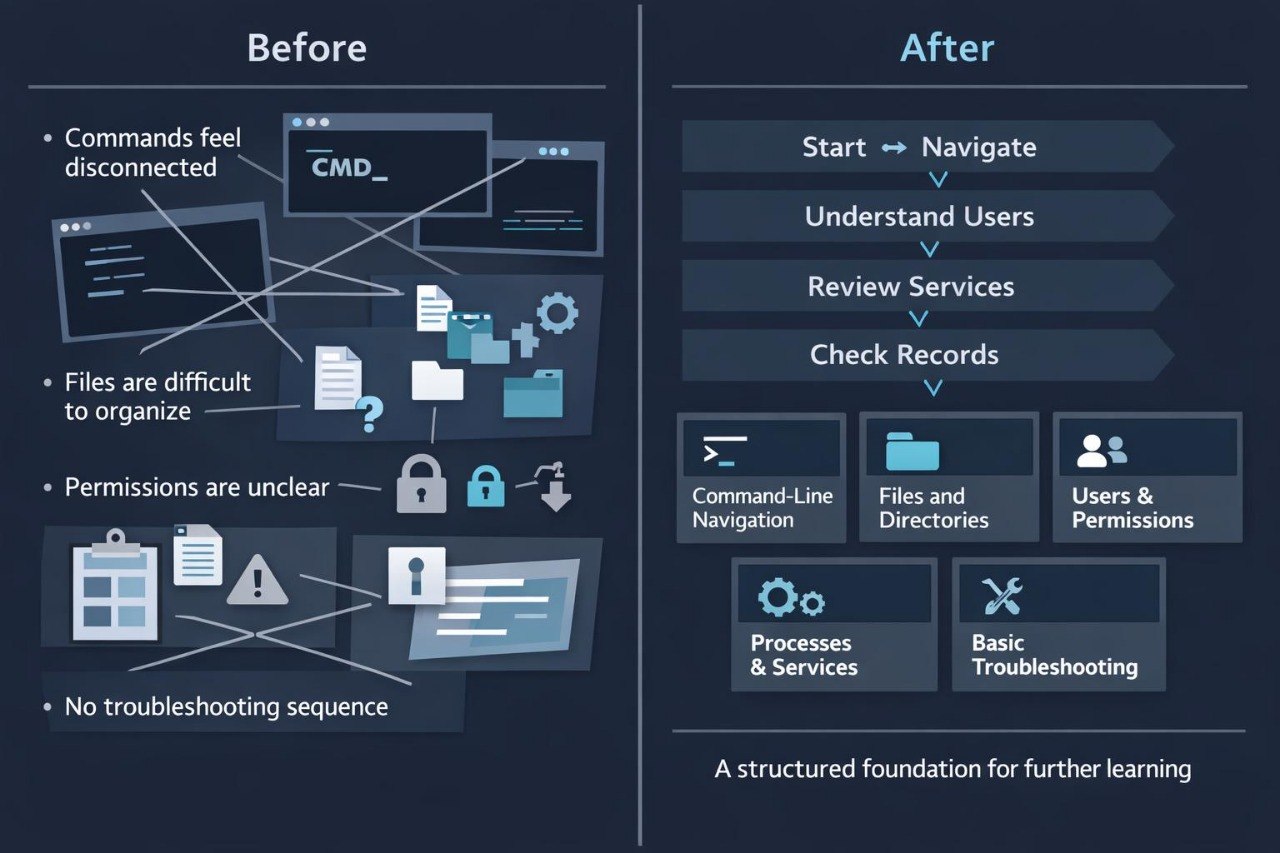 A dark navy infographic comparing a 'Before' state with an 'After' state for command-line and system administration. The left 'Before' section shows disconnected commands, difficult file organization, unclear permissions, and no troubleshooting sequence.