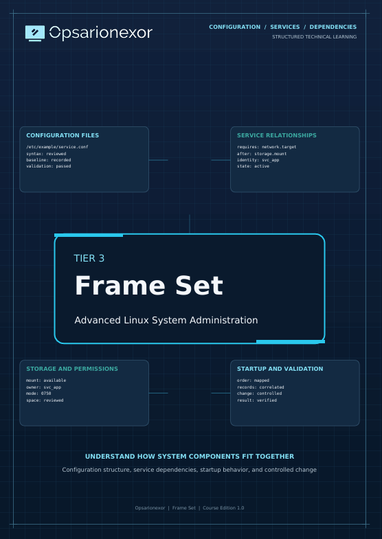 A digital cover page for a Linux system administration course or guide titled 'Tier 3 Frame Set' by Opsarionexor, featuring a dark blue grid background and a central white and blue title card.