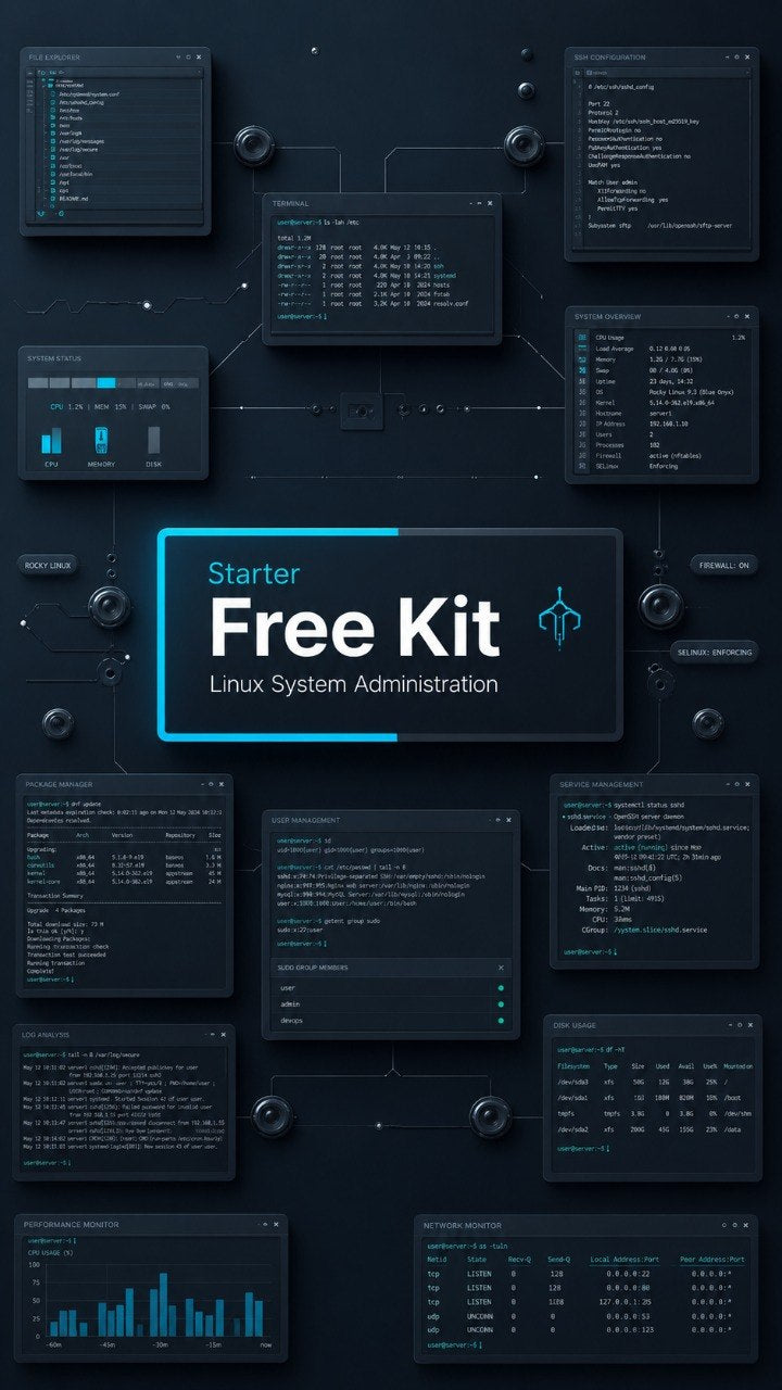 A dark digital promotional graphic for a Linux system administration starter free kit, featuring multiple dark UI panels with code, charts, and a central label reading 'Starter Free Kit Linux System Administration'.