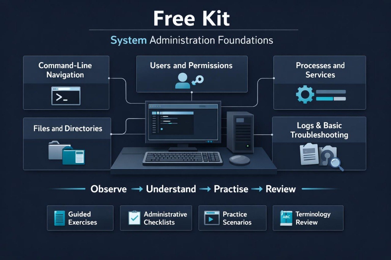 An infographic titled 'Free Kit System Administration Foundations' on a dark navy background, showing modules like Command-Line Navigation, Users and Permissions, Processes and Services, Files and Directories, Logs & Basic Troubleshooting, and a bottom row of guided exercises, administrative checklists, practice scenarios, and terminology review.