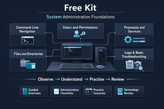 An infographic titled 'Free Kit System Administration Foundations' on a dark navy background, showing modules like Command-Line Navigation, Users and Permissions, Processes and Services, Files and Directories, Logs & Basic Troubleshooting, and a bottom row of guided exercises, administrative checklists, practice scenarios, and terminology review.
