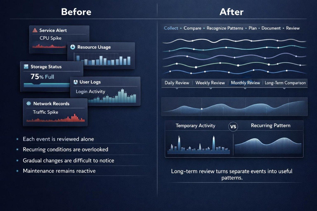 A dark blue infographic comparing a reactive 'Before' approach with a proactive 'After' approach for monitoring and alert management, using charts and wave diagrams.