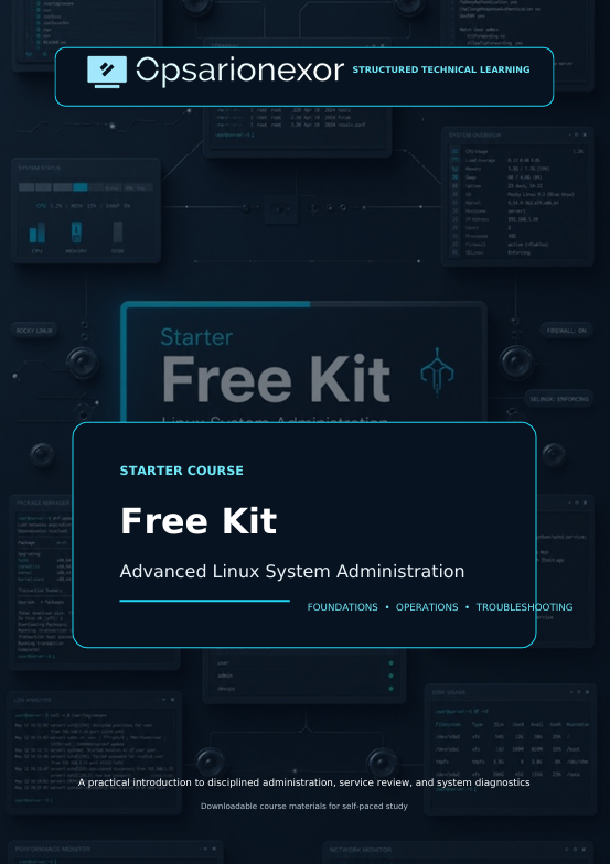 Promotional graphic for the Opsarionexor Free Kit starter course, featuring a dark navy and black background with digital terminal and system monitoring graphics, and a large central card reading 'Free Kit' and 'Advanced Linux System Administration'.