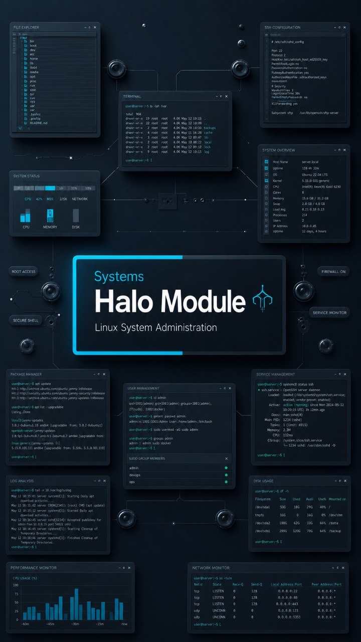 A dark digital interface collage with multiple panels showing terminal windows, charts, and a central title card reading 'Systems Halo Module Linux System Administration' on a black background.