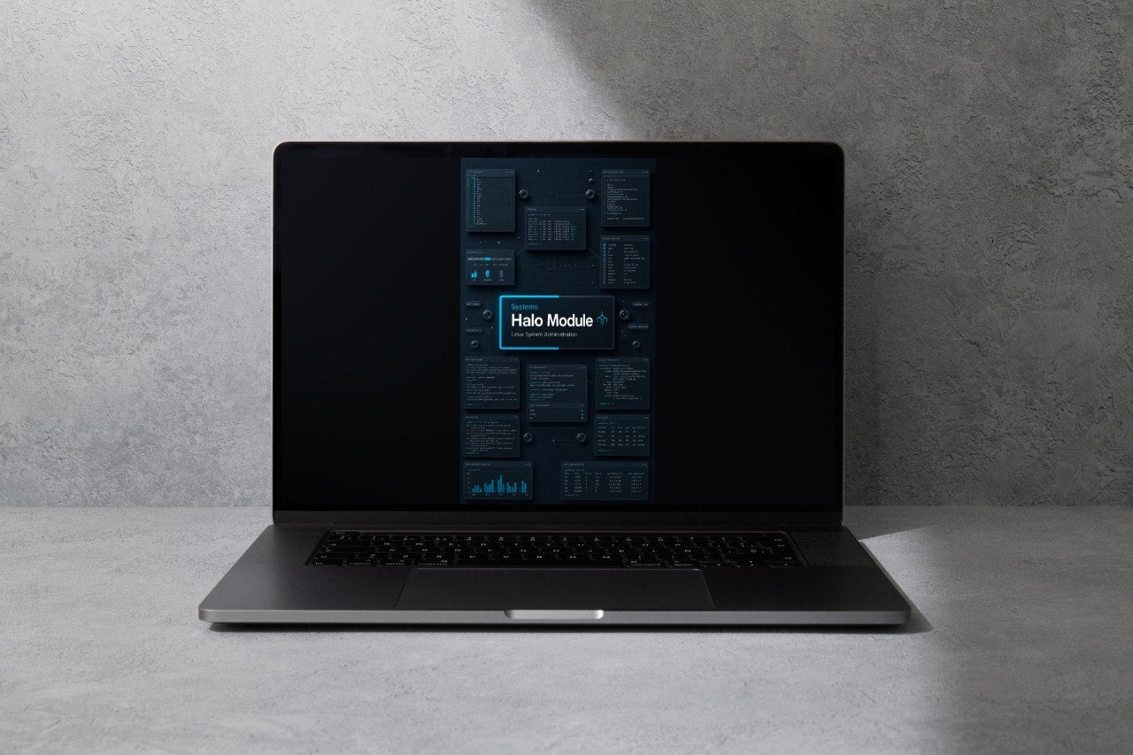 A dark gray laptop is open and centered on a light gray surface against a textured gray wall. The screen displays a dark software interface with a blue 'Pulse Pack' graphic.