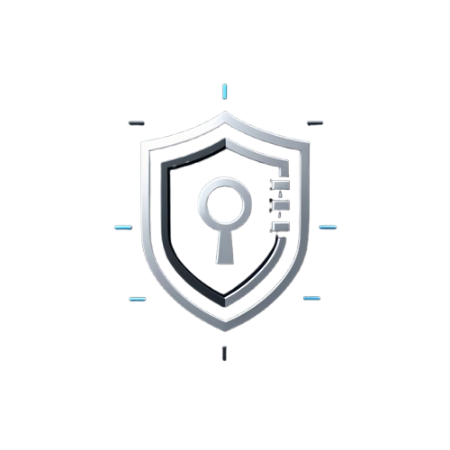 A 3D digital graphic of a silver and black shield icon with a keyhole in the center and a lock on the right side, surrounded by a white background with subtle blue and black target markings.
