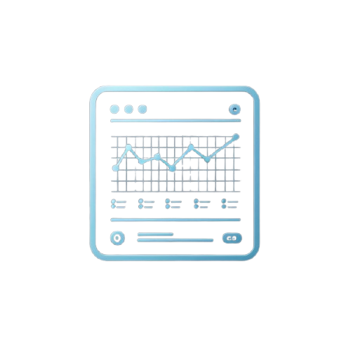A light blue and white digital vector icon depicting a dashboard or analytics screen with a line graph, set against a plain white background.