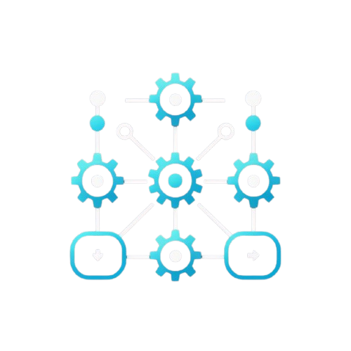 A minimalist vector graphic showing a network of interlocking gears and process nodes in shades of blue and cyan on a solid white background.