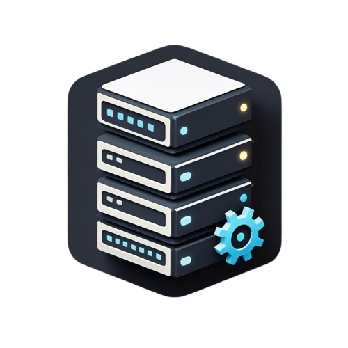 A stylized digital illustration of a server rack with four stacked server units and a blue gear icon, shown on a plain white background.