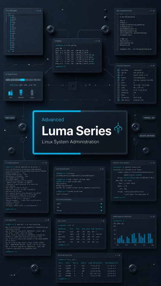 A digital graphic displaying a collection of dark-themed software interface panels and dashboards arranged on a dark background, with a central label reading 'Advanced Luma Series Linux System Administration'.