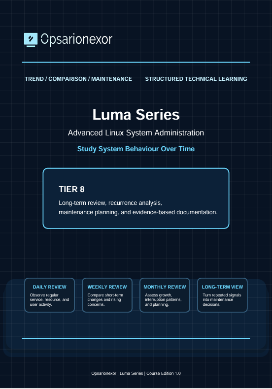 A digital cover for an Opsarionexor study guide titled 'Luma Series Advanced Linux System Administration', featuring a dark navy blue background with a subtle grid pattern and white and light blue text.
