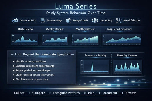 A digital infographic titled 'Luma Series' showing various data charts and graphs for study system behavior over time, including daily, weekly, monthly, and long-term comparisons, on a dark blue background.