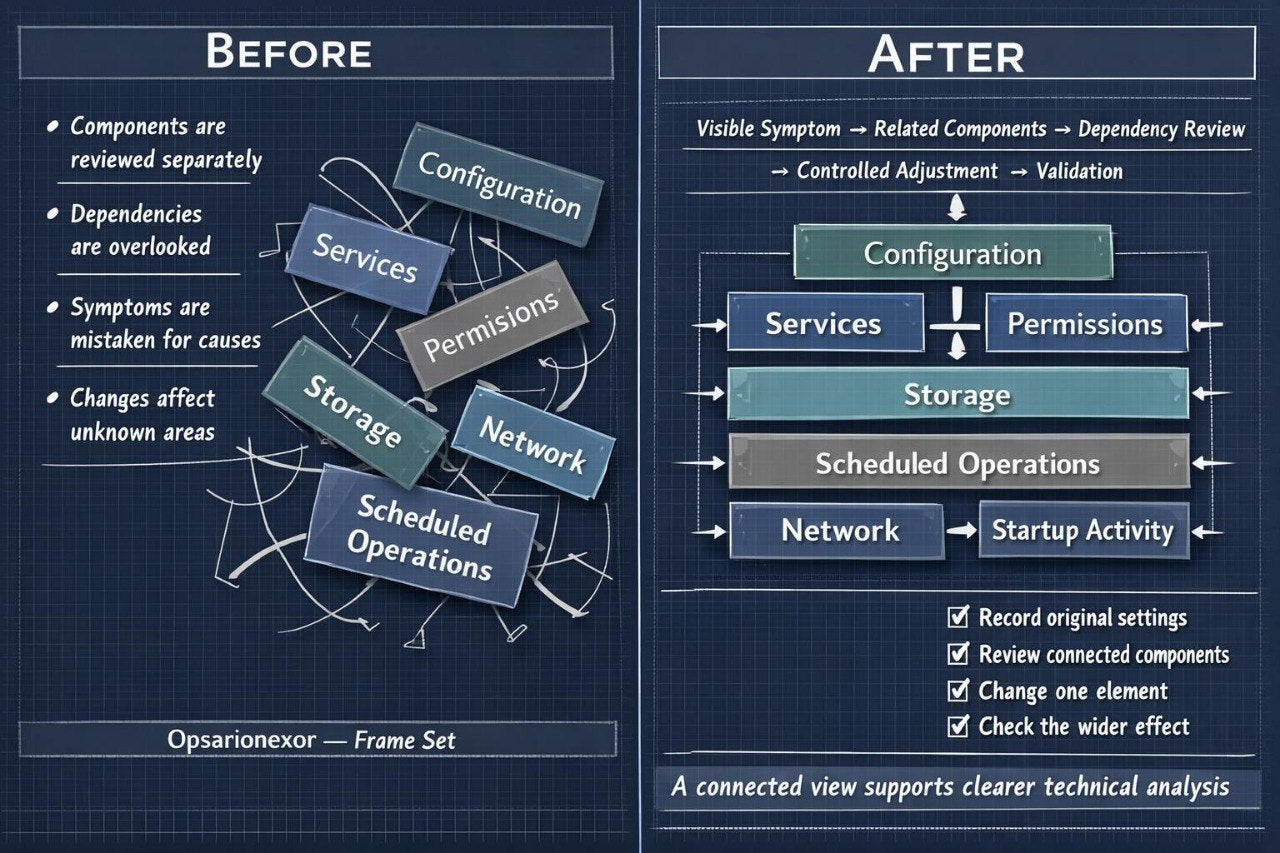 A side-by-side comparison graphic titled 'Before' and 'After' on a dark blue background, showing a diagram of interconnected system components such as configuration, services, permissions, storage, network, and scheduled operations. The left panel lists issues like overlooked dependencies and unknown effects; the right panel shows a streamlined connected view supporting clearer technical analysis.