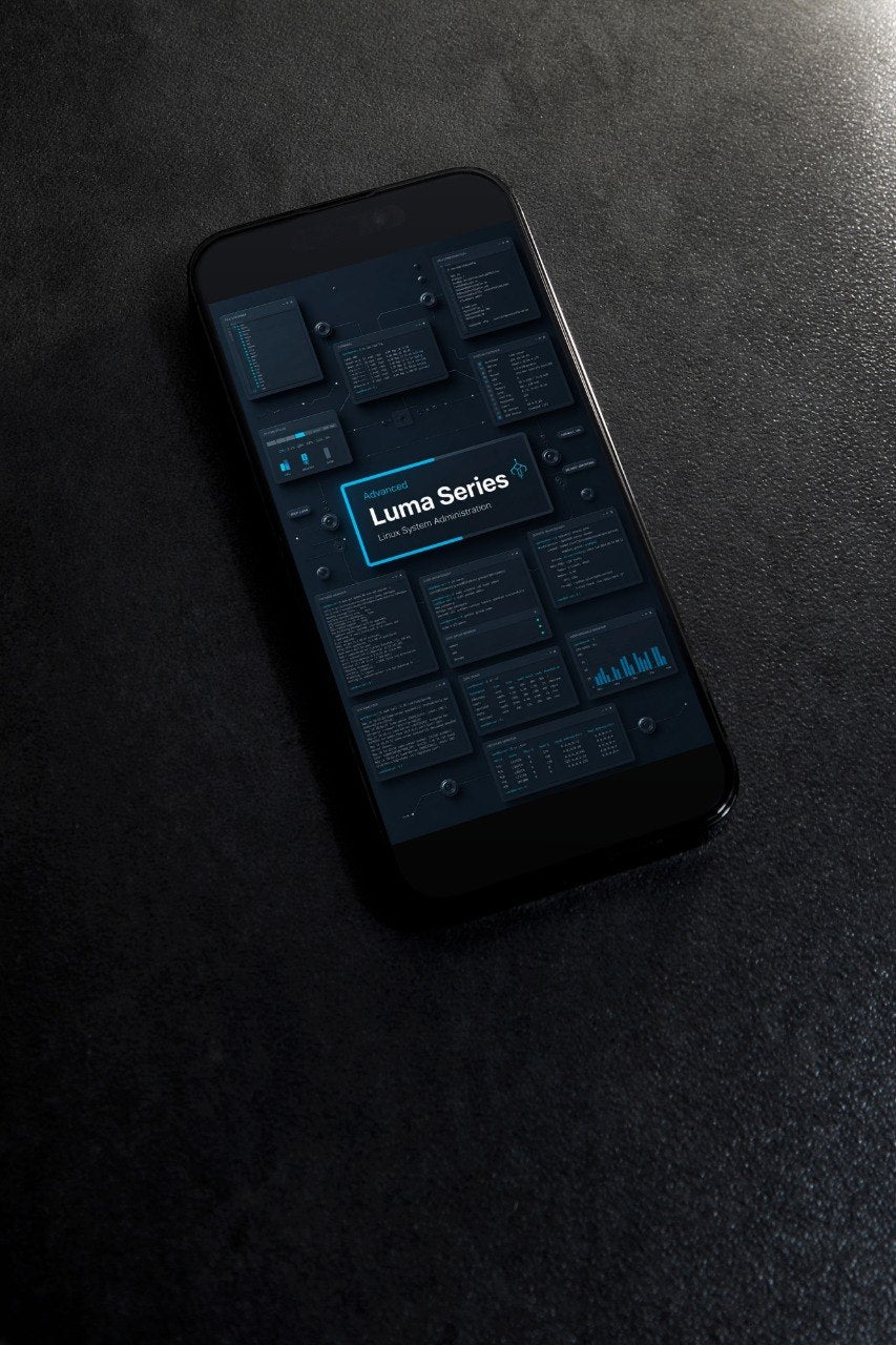 A black smartphone lying diagonally on a dark textured surface, displaying a dark blue and black dashboard interface with the text 'Luma Series' on the screen.