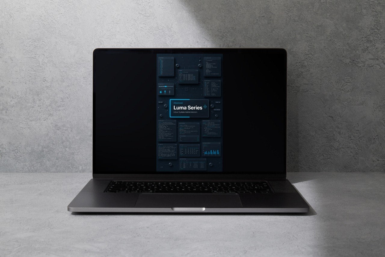 A dark gray laptop with a black screen displaying a futuristic blue and black interface, set on a gray concrete surface against a textured gray wall.