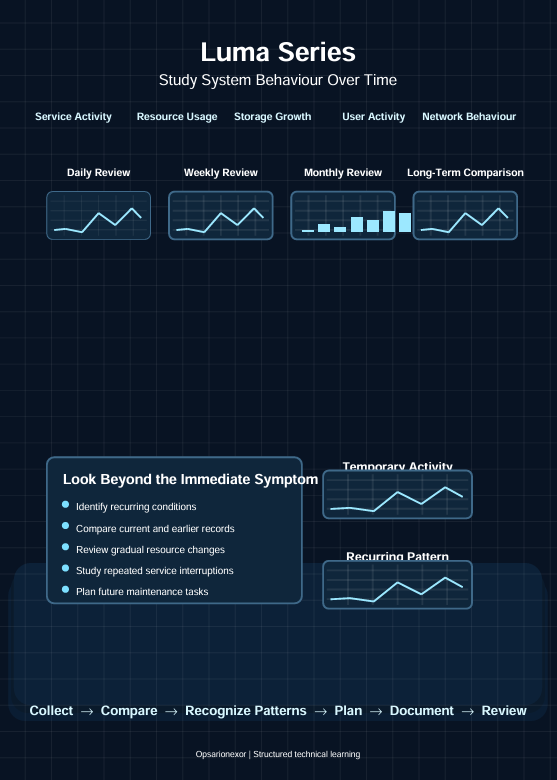 An infographic titled 'Luma Series' on a dark navy blue background, detailing study system behavior over time through various review intervals and charts, with a section on identifying recurring conditions.