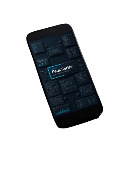 A black smartphone shown at an angle on a plain white background, displaying a dark analytics dashboard with the text 'Peak Series' on the screen.