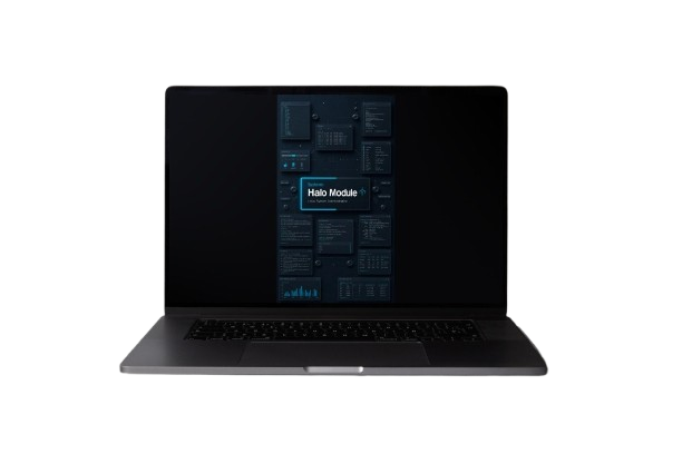 A dark gray open laptop with a black screen displaying a blue and black interface, set against a plain white background.