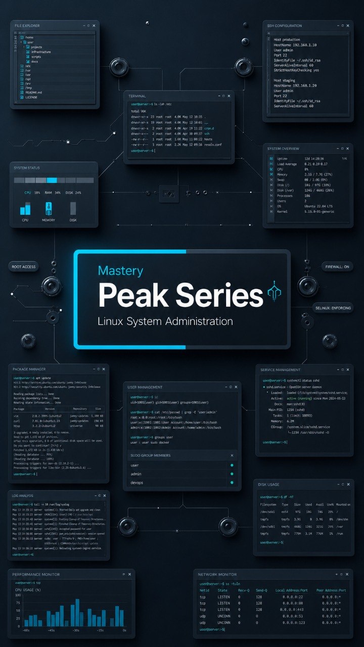 Digital cover graphic for a Linux system administration course titled 'Mastery Peak Series'. The design features a dark, futuristic tech theme with multiple floating dark terminal windows, charts, and graphs connected by glowing lines on a dark background.