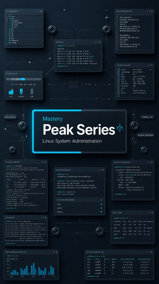 Digital cover graphic for a Linux system administration course titled 'Mastery Peak Series'. The design features a dark, futuristic tech theme with multiple floating dark terminal windows, charts, and graphs connected by glowing lines on a dark background.
