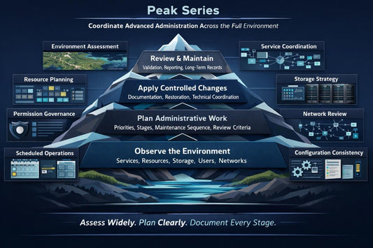 A dark blue infographic titled 'Peak Series' showing a layered mountain diagram with labeled process steps from Environment Assessment to Configuration Consistency, plus supporting boxes around the mountain and a slogan at the bottom.